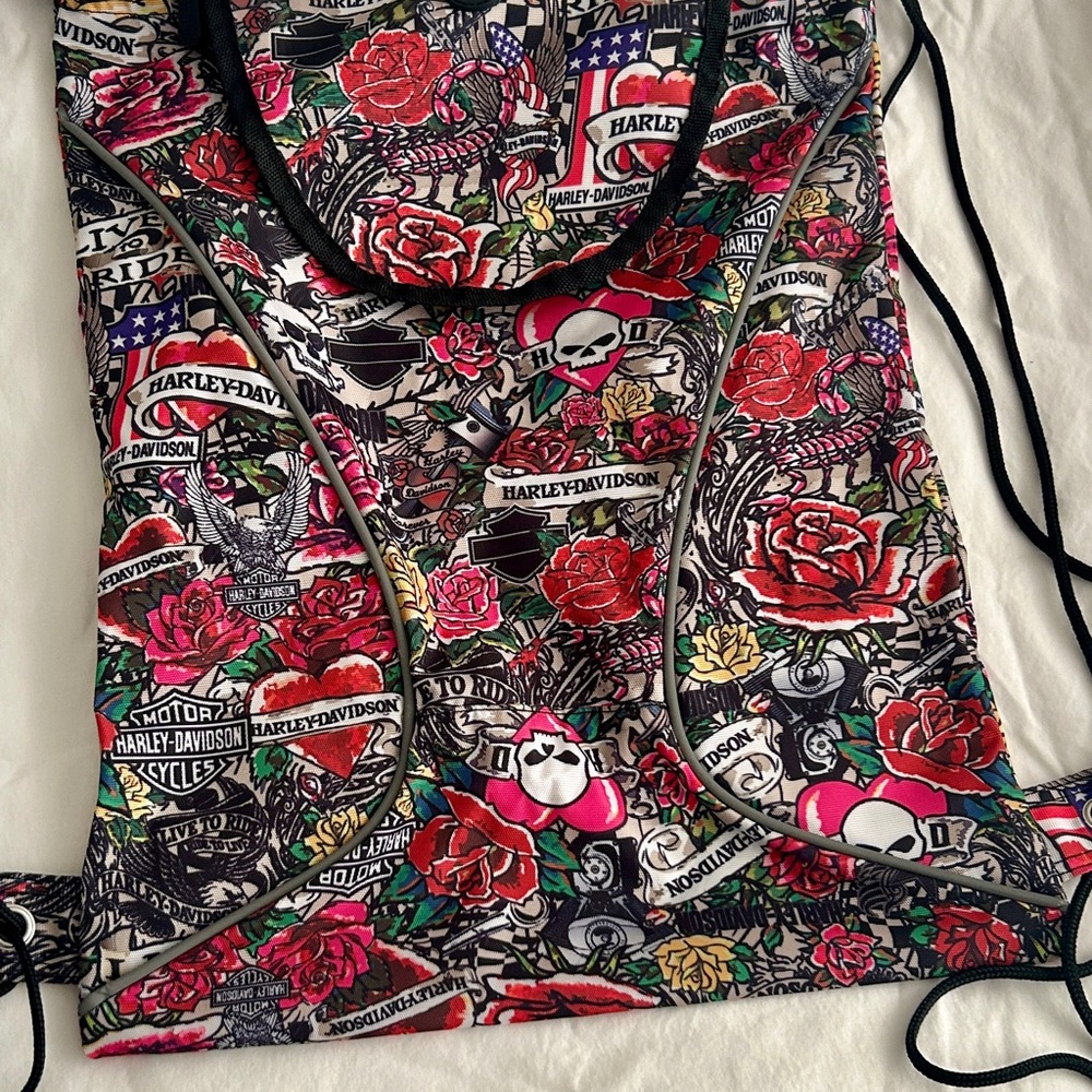 “Harley-Davidson Tattoo Rose Skull Drawstring Backpack Bag”